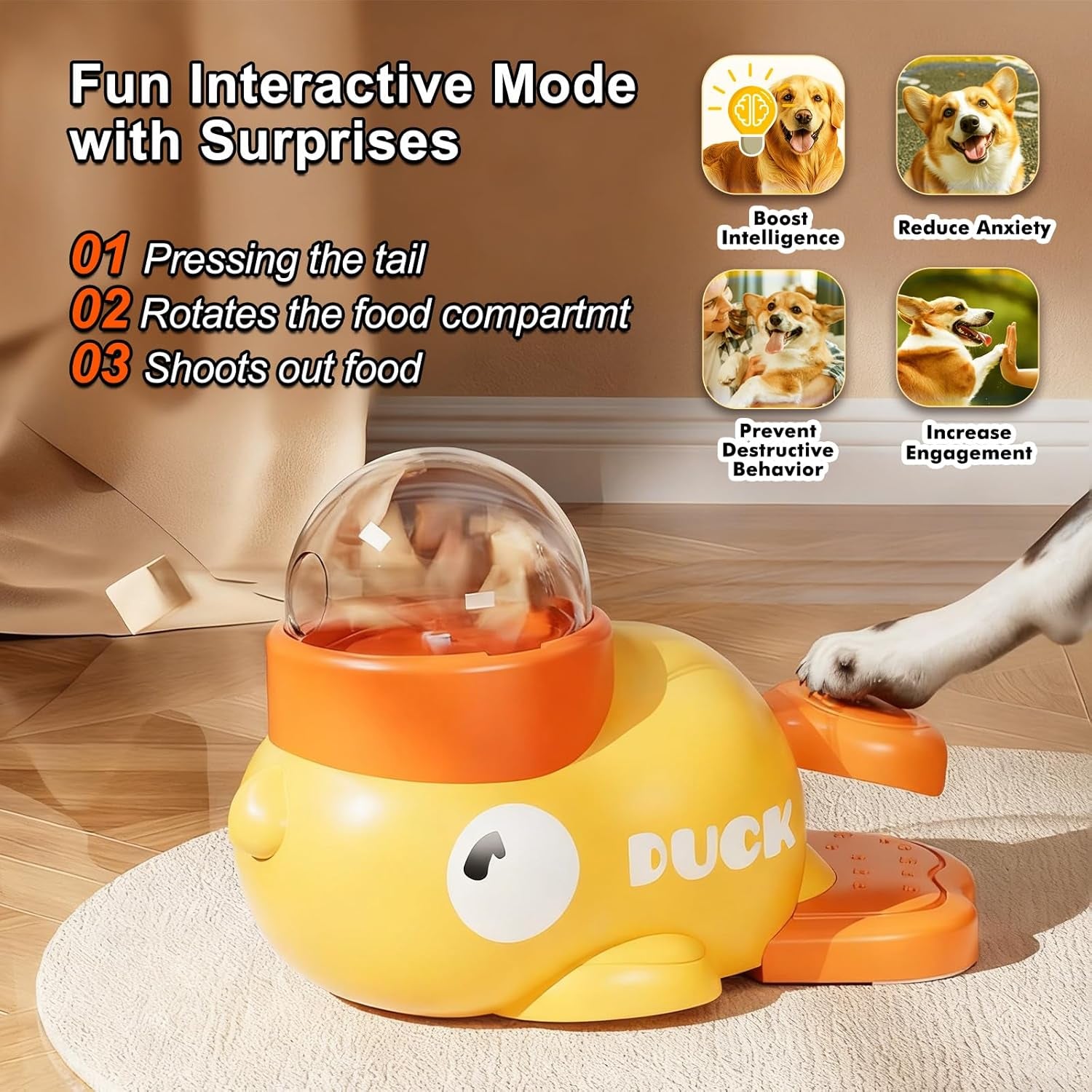 Interactive Dog Treat Dispenser Toy & Slow Feeder Dog Bowls - Duck-Shaped Puzzle Toy for Mental Stimulation, Adjustable Food Outlet for Small to Medium Cats and Dogs