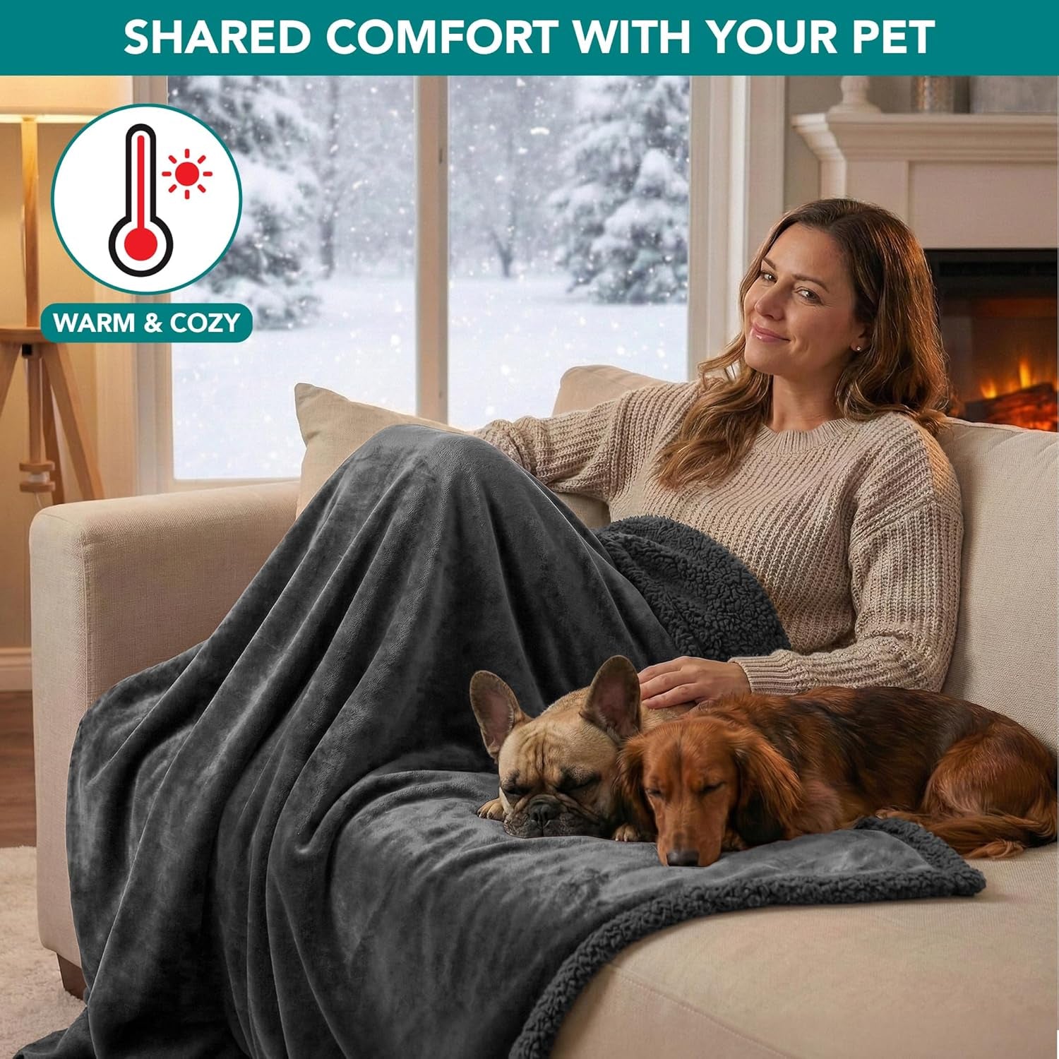 Waterproof Dog Blanket for Couch, Queen 90X90, Pee Proof Sherpa Fleece Reversible Pet Throw, Furniture Protector for Bed Sofa, Soft Washable Cover for Large Dogs Cats, Grey Sherpa