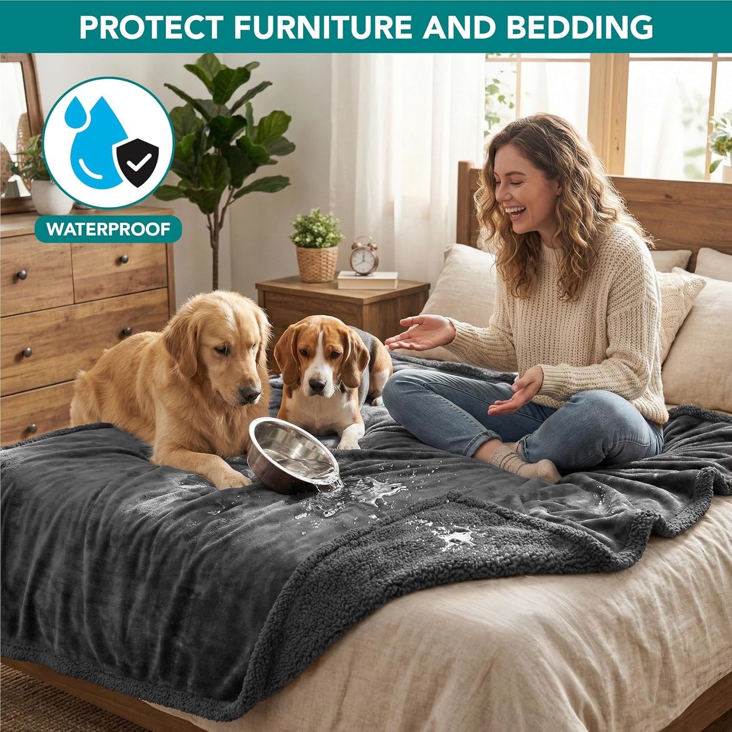 Waterproof Dog Blanket for Couch, Queen 90X90, Pee Proof Sherpa Fleece Reversible Pet Throw, Furniture Protector for Bed Sofa, Soft Washable Cover for Large Dogs Cats, Grey Sherpa