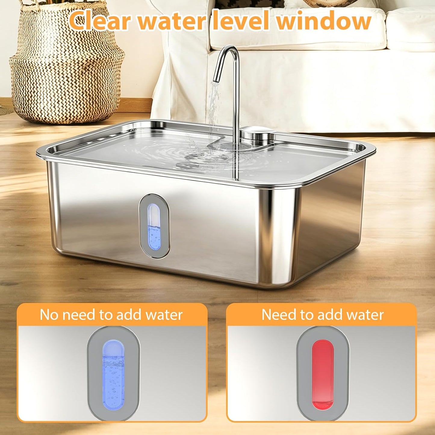 Dog Water Fountion for Large Dogs,15L/4 Gal Stainless Steel Automatic Pet Water Dispenser,Ultra Quiet Dog Fountain Water Bowl with Water Level Window & LED Light, Include 1Set Filter