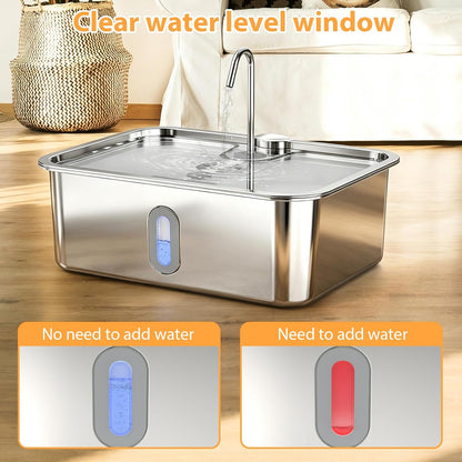 Dog Water Fountion for Large Dogs,15L/4 Gal Stainless Steel Automatic Pet Water Dispenser,Ultra Quiet Dog Fountain Water Bowl with Water Level Window & LED Light, Include 1Set Filter
