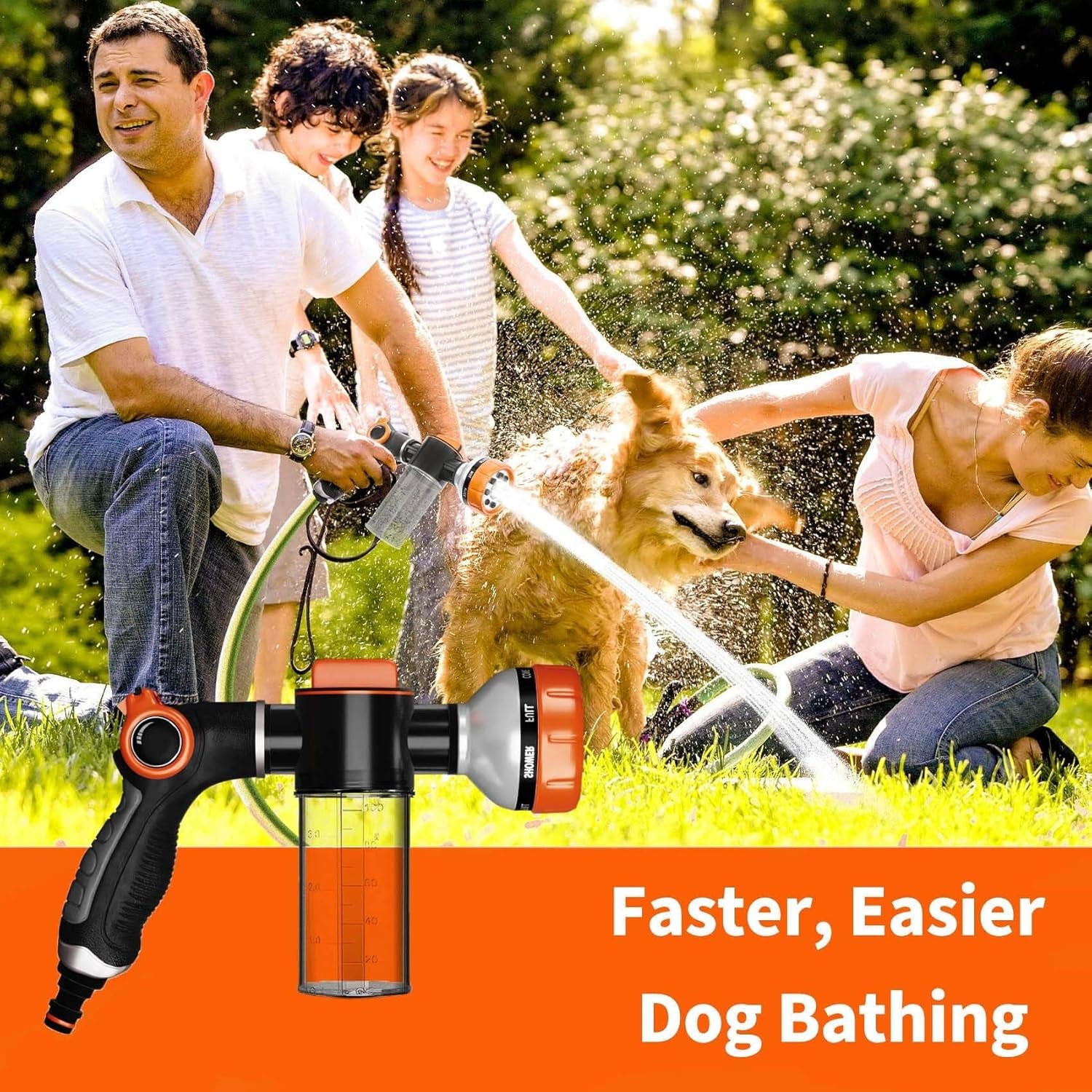 Transform Bath Time with Our Premium 8-Pattern Dog Washing Hose Attachment – Effortless Control, Built-In Soap Dispenser, and Leak-Proof Design!
